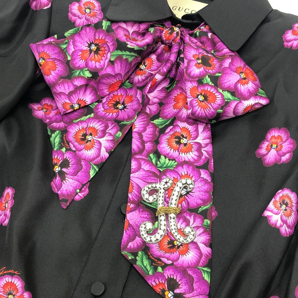 GUCCI 722304 Ribbon Flower Shirt, Apparel Top, Scarf Included, Shoulder Pads, Long Sleeve Shirt, Silk, Women's, Black
