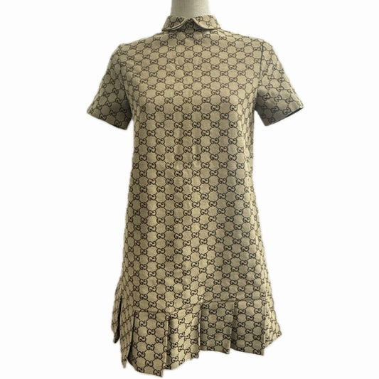 GUCCI 804478 チルドレンズ GGキャンバス アパレル 総柄 丸襟 プリーツ ワンピース コットン レディース ベージュ