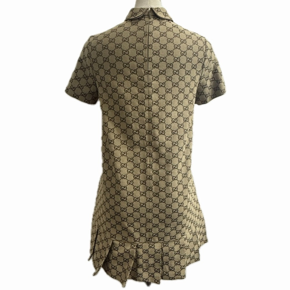 GUCCI 804478 Children's GG Canvas Apparel, All-Over Print, Round Collar, Pleated Dress, Cotton, Women's, Beige