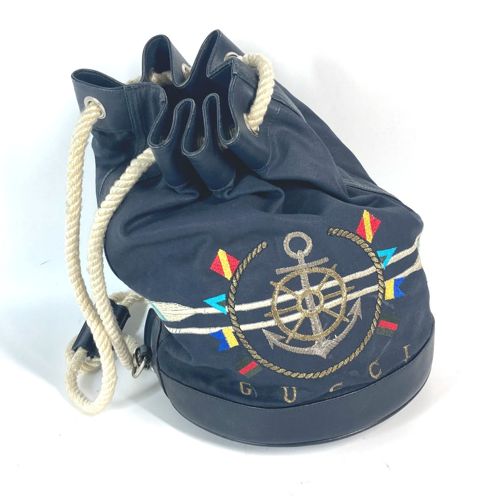 GUCCI 1.112 Vintage Logo Marine Drawstring Shoulder Bag in Leather/Coated Canvas, Navy