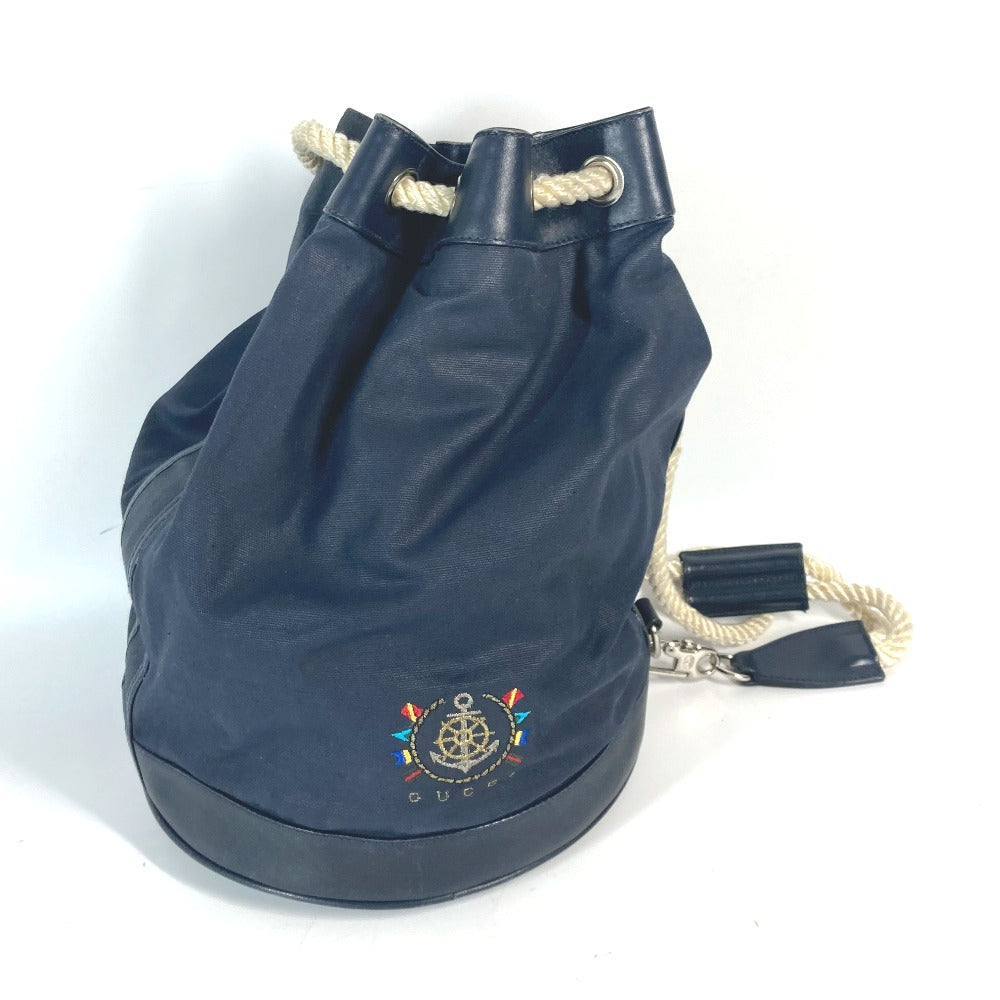 GUCCI 1.112 Vintage Logo Marine Drawstring Shoulder Bag in Leather/Coated Canvas, Navy