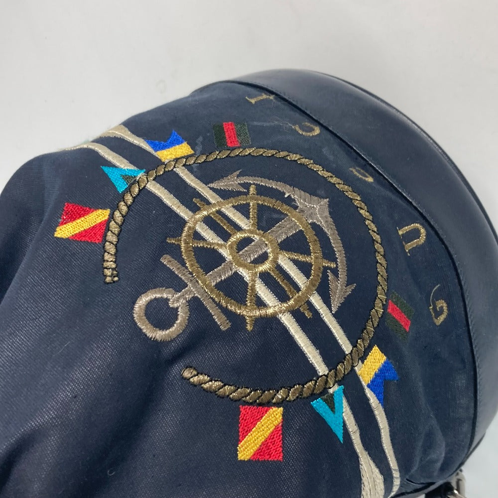 GUCCI 1.112 Vintage Logo Marine Drawstring Shoulder Bag in Leather/Coated Canvas, Navy