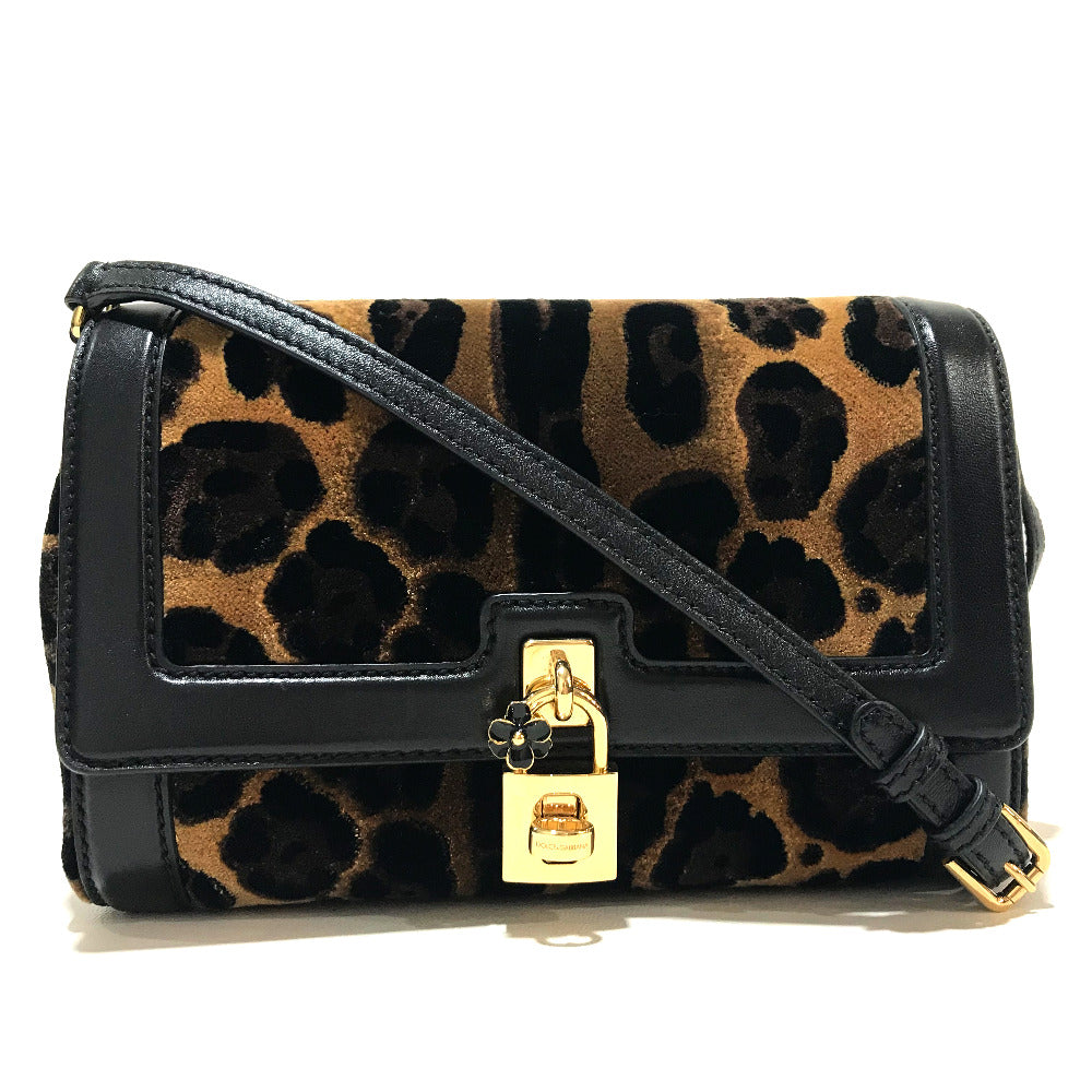 DOLCE &amp; GABBANA Leopard Print Bag with Flower Lock Hardware, Crossbody Bag, Velvet, Women's, Black and Brown