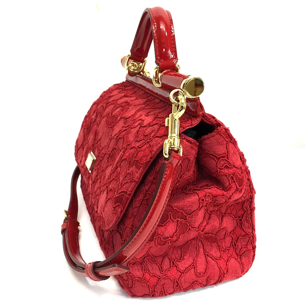 DOLCE &amp; GABBANA Sicily logo plate with floral embroidery. 2-way handbag/shoulder bag in cotton, red.