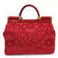 DOLCE &amp; GABBANA Sicily logo plate with floral embroidery. 2-way handbag/shoulder bag in cotton, red.