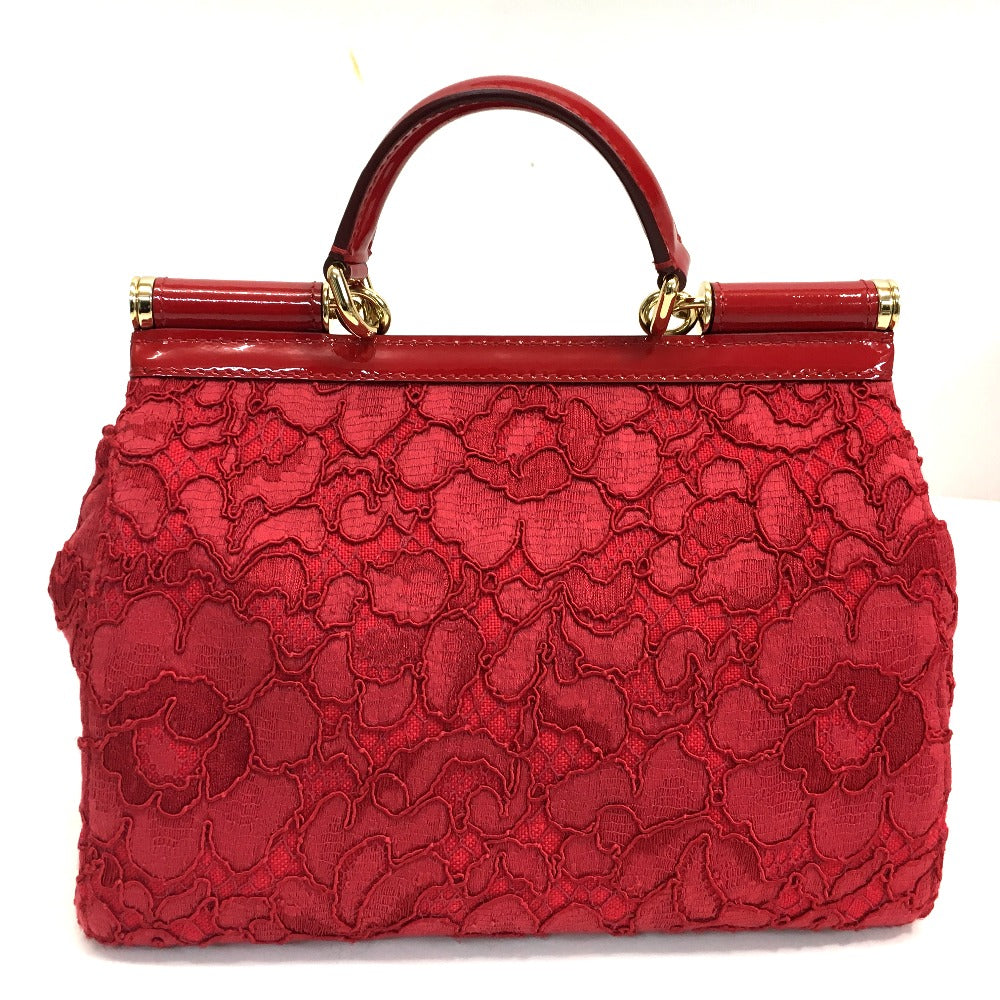 DOLCE &amp; GABBANA Sicily logo plate with floral embroidery. 2-way handbag/shoulder bag in cotton, red.