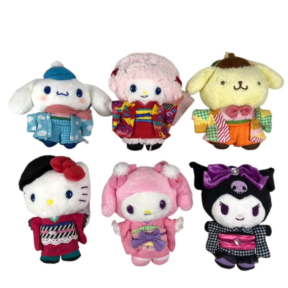 SANRIO Osaka Shinsaibashi Limited Edition, Japan Set of 6 plush toys with kimono and Japanese patterns, featuring mascot holders. Kitty, Cinnamon, Kuromi, Piano, Pompompurin, and My Melody Key Holder Bag Charm charm Canvas Multicolore Used