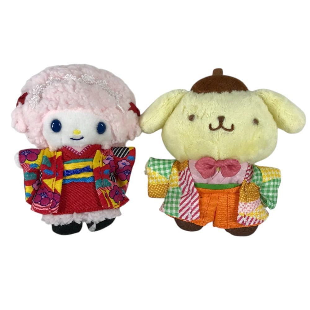 SANRIO Osaka Shinsaibashi Limited Edition, Japan Set of 6 plush toys with kimono and Japanese patterns, featuring mascot holders. Kitty, Cinnamon, Kuromi, Piano, Pompompurin, and My Melody Key Holder Bag Charm charm Canvas Multicolore Used