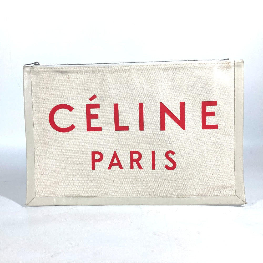 CELINE ロゴ カバン ポーチ バイカラー クラッチバッグ レザー/キャンバス レディース ホワイト