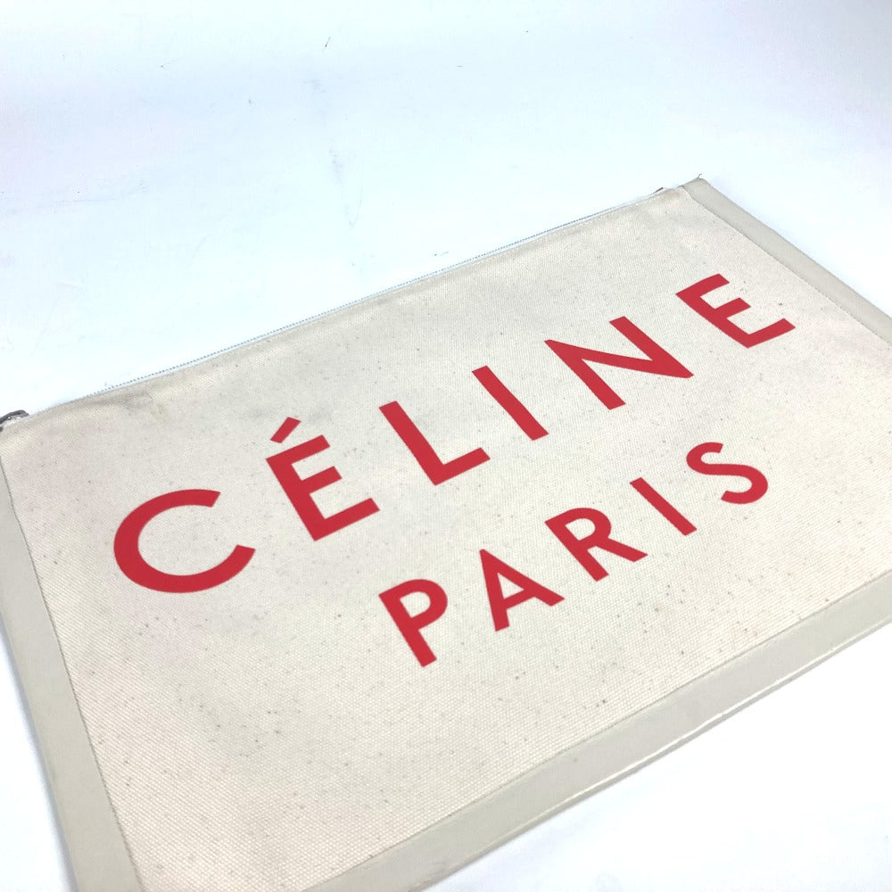 CELINE ロゴ カバン ポーチ バイカラー クラッチバッグ レザー/キャンバス レディース ホワイト