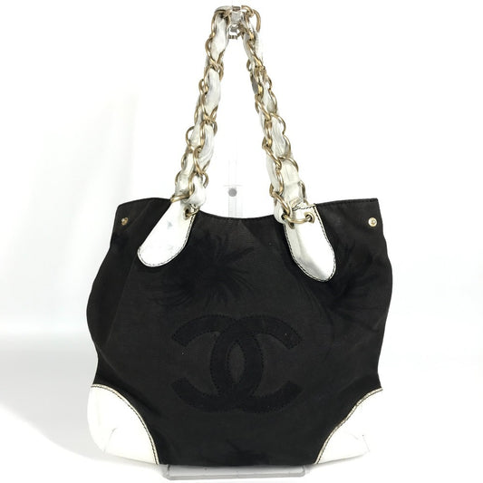 CHANEL CC ココマーク バイカラー 肩掛け トートバッグ Wチェーンバッグ ショルダーバッグ レザー/キャンバス レディース ブラック