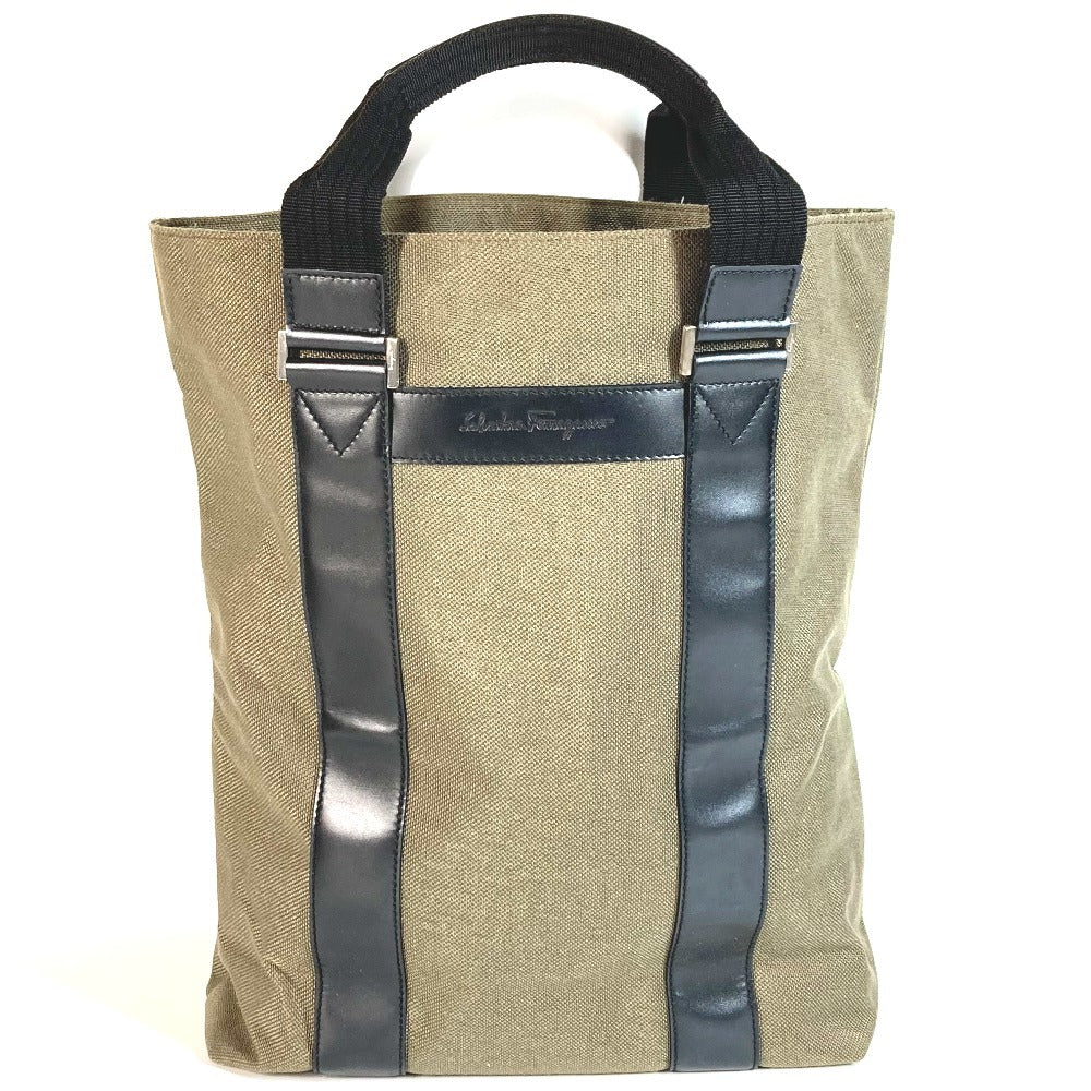 Salvatore Ferragamo 縦型トート ロゴ カバン トートバッグ ビジネスバッグ ショルダーバッグ レザー/キャンバス ユニセックス カーキ