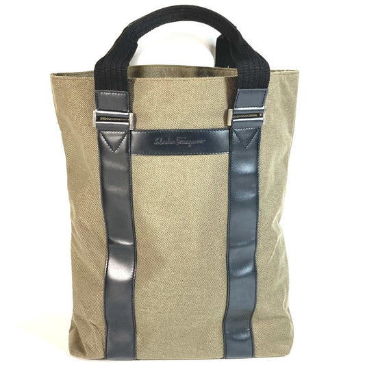 Salvatore Ferragamo 縦型トート ロゴ カバン トートバッグ ビジネスバッグ ショルダーバッグ レザー/キャンバス ユニセックス カーキ