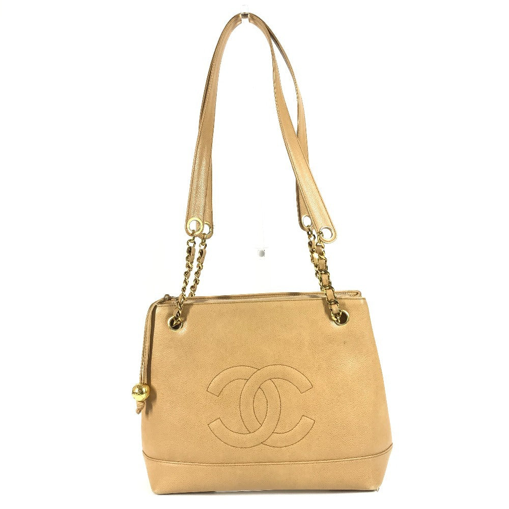 CHANEL ヴィンテージ CC ココマーク ココボール カバン 肩掛け トートバッグ チェーンバッグ ショルダーバッグ キャビアスキン レディース ベージュ