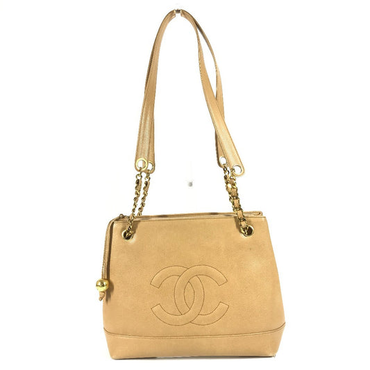 CHANEL ヴィンテージ CC ココマーク ココボール カバン 肩掛け トートバッグ チェーンバッグ ショルダーバッグ キャビアスキン レディース ベージュ