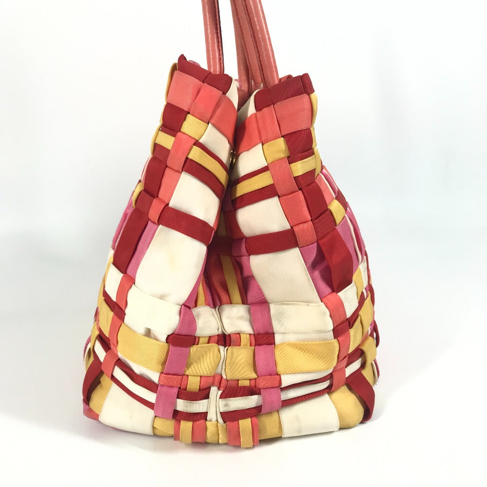 PRADA 編み込み ロゴ トライアングルロゴ 三角ロゴ プレート カバン トートバッグ ハンドバッグ ナイロン ユニセックス ピンク