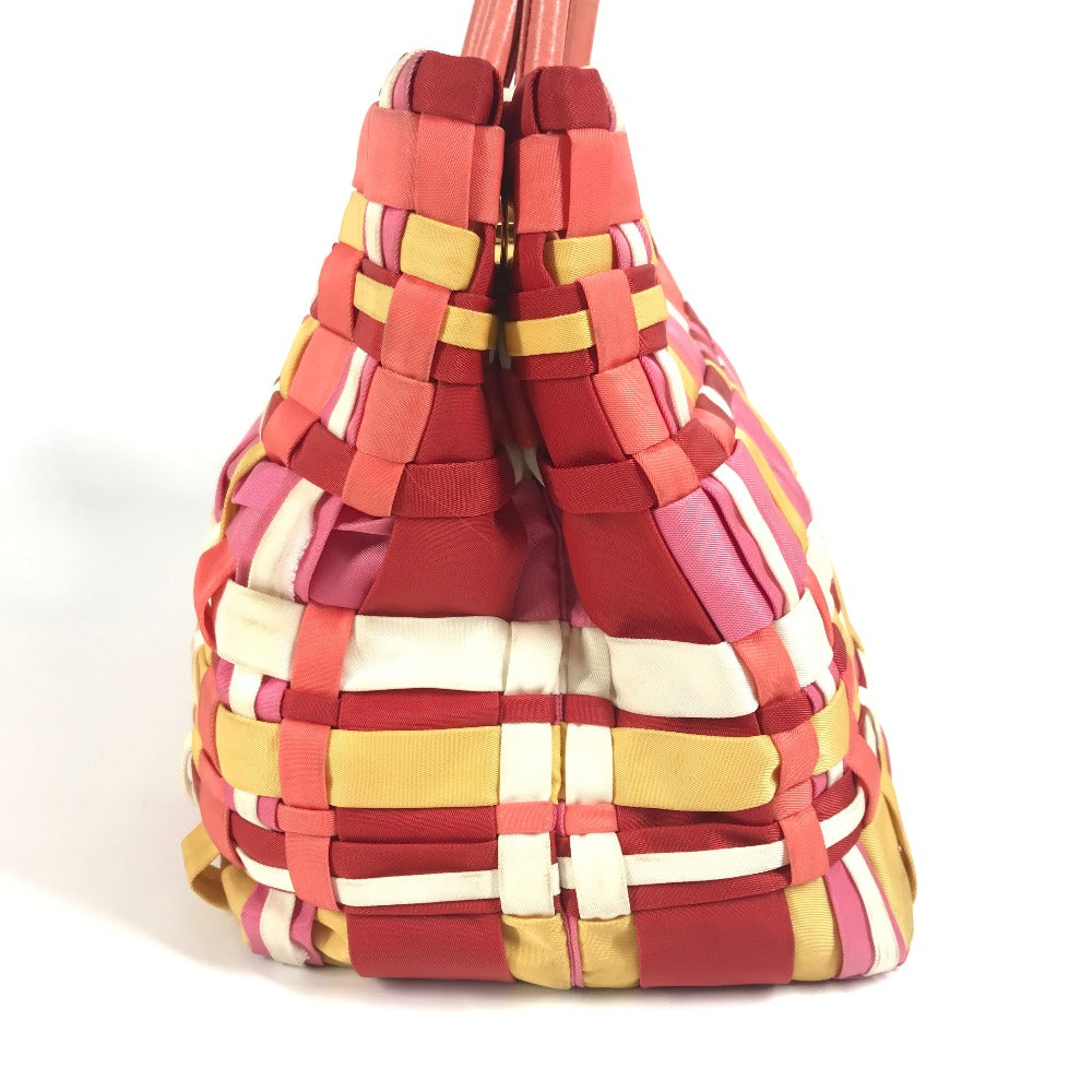 PRADA 編み込み ロゴ トライアングルロゴ 三角ロゴ プレート カバン トートバッグ ハンドバッグ ナイロン ユニセックス ピンク