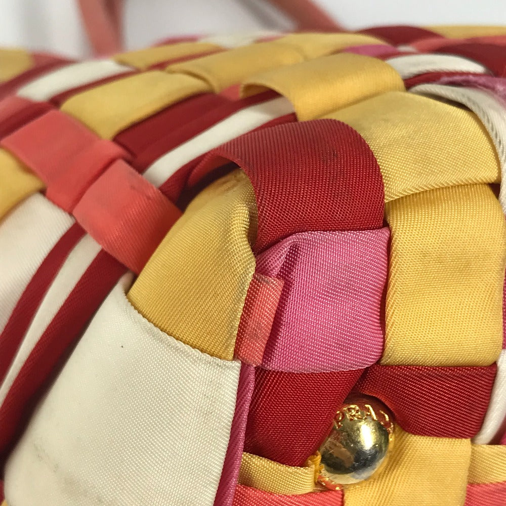 PRADA 編み込み ロゴ トライアングルロゴ 三角ロゴ プレート カバン トートバッグ ハンドバッグ ナイロン ユニセックス ピンク
