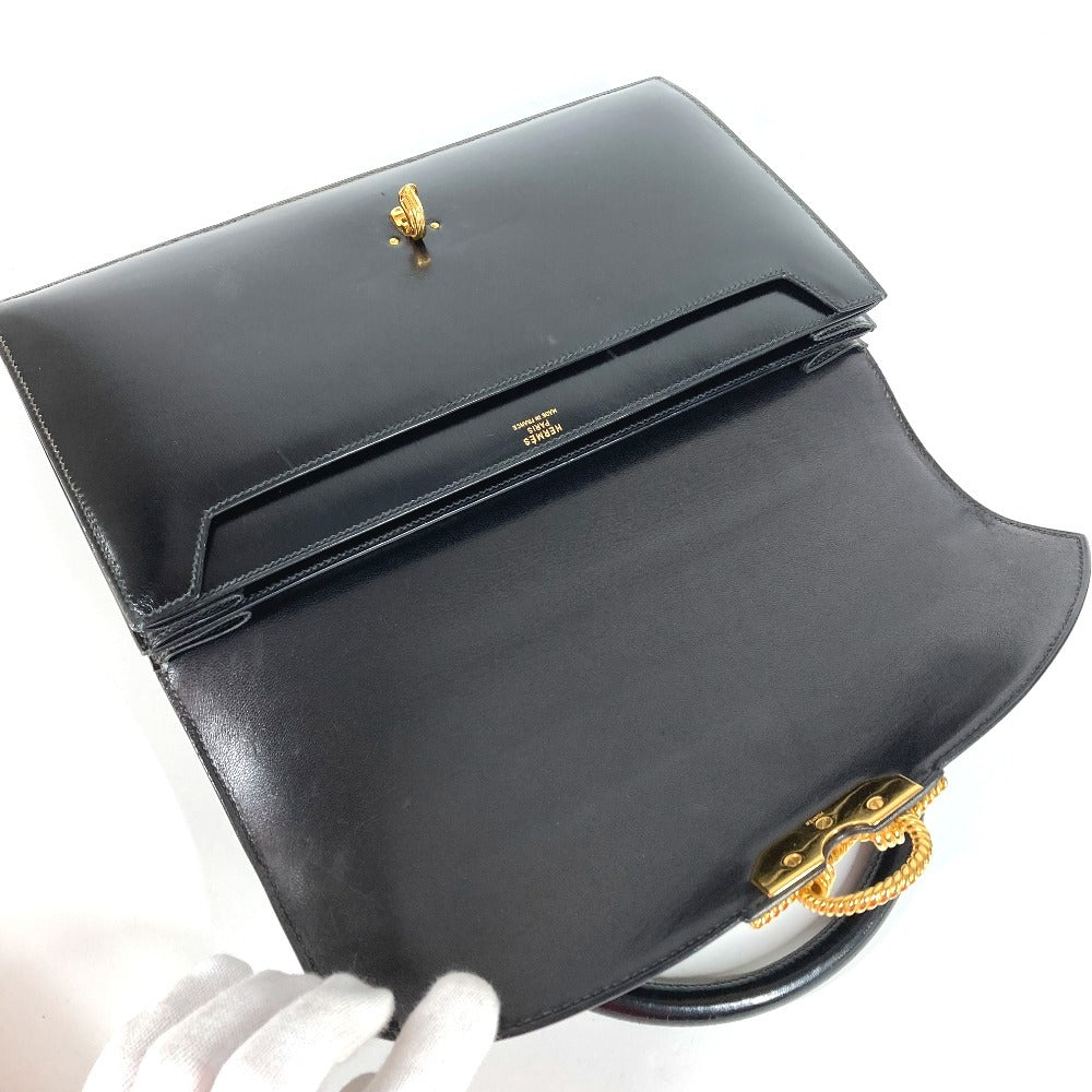 HERMES Vintage Cordriere Flap Handbag in Leather, Unisex, Black