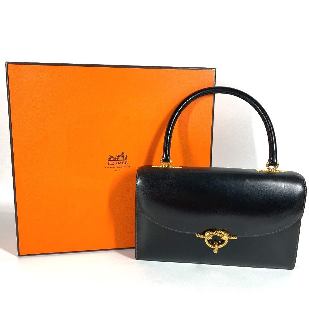 HERMES Vintage Cordriere Flap Handbag in Leather, Unisex, Black