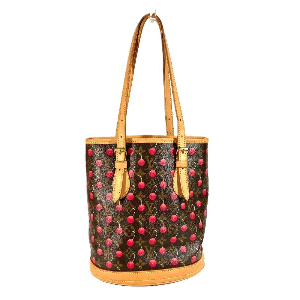 LOUIS VUITTON M95012 Monogram Cherry Bucket PM by Takashi Murakami. This shoulder bag features a Monogram Cherry canvas design and is available in red.