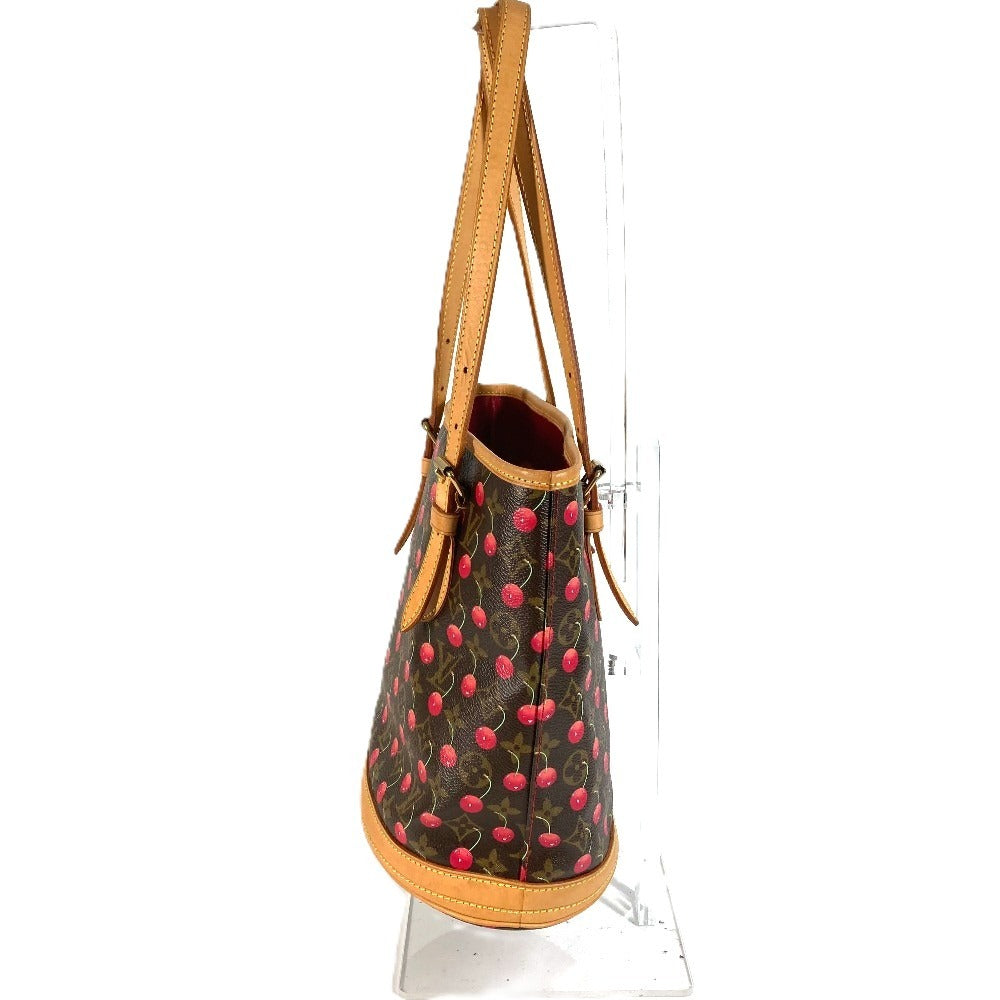 LOUIS VUITTON M95012 Monogram Cherry Bucket PM by Takashi Murakami. This shoulder bag features a Monogram Cherry canvas design and is available in red.