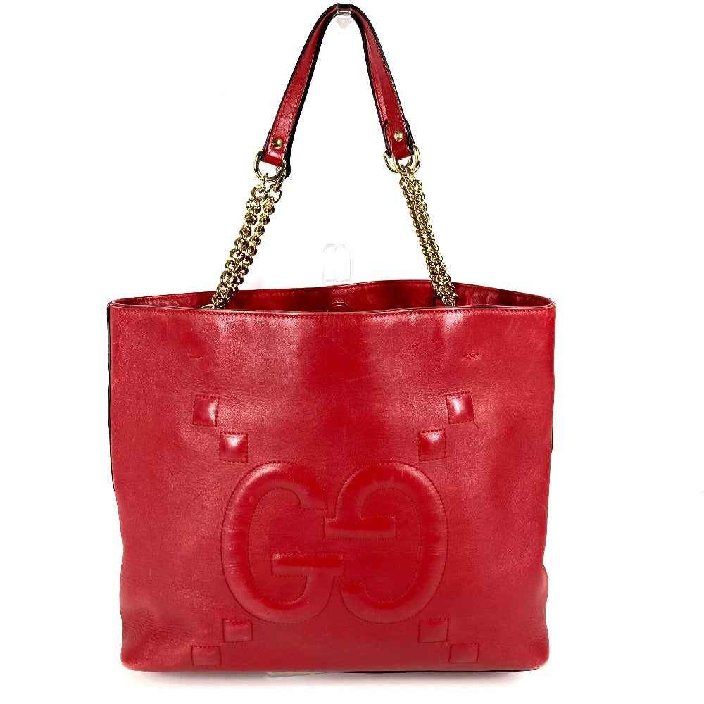 GUCCI 453561 インターロッキングG チェーン トートバッグ カバン 肩掛け Wチェーン ショルダーバッグ レザー ユニセックス レッド