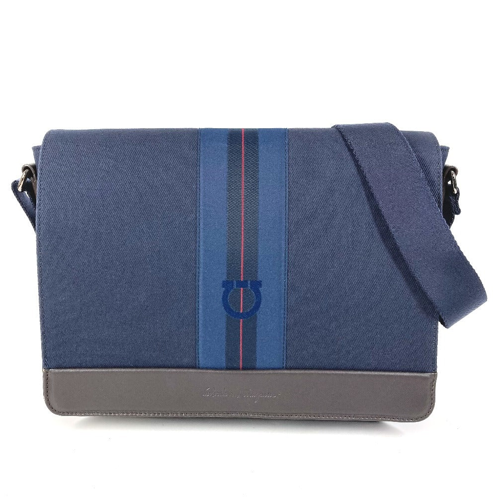 Salvatore Ferragamo Logo Messenger Bag, Flap Shoulder Bag, Canvas/Leather, Unisex, Navy