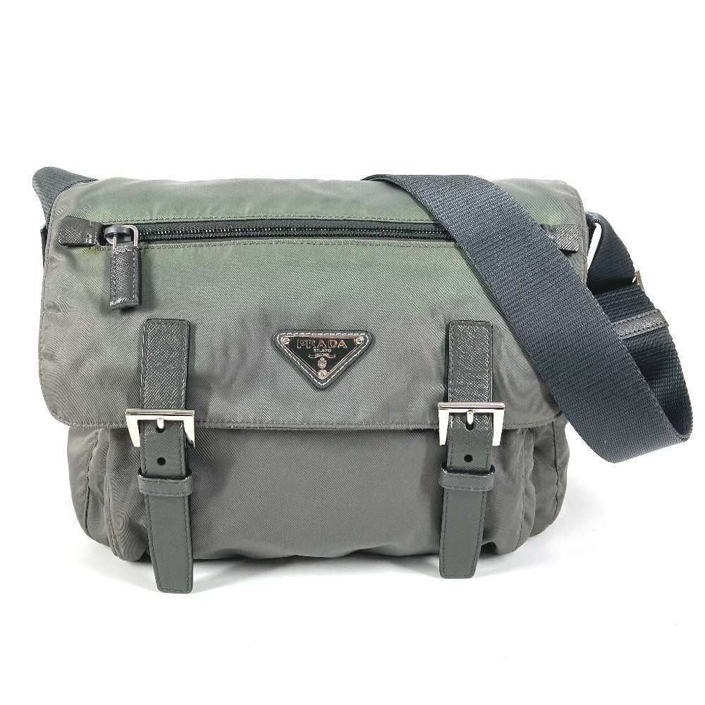 PRADA BT0953 Triangle Logo Flap Crossbody Messenger Bag Shoulder Bag Leather/Nylon Unisex Gray