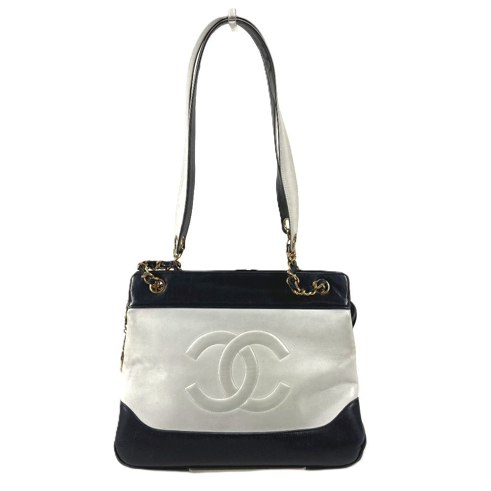CHANEL ヴィンテージ バイカラー CC ココマーク ロゴ Wチェーン カバン 肩掛け トートバッグ チェーンバッグ ショルダーバッグ レザー ユニセックス ホワイト