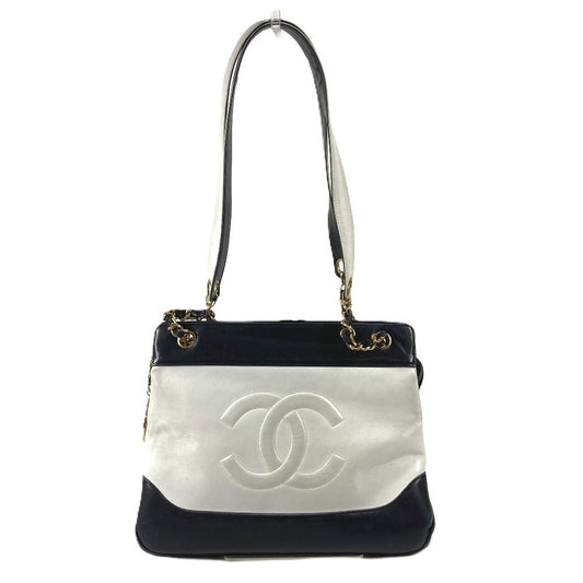 CHANEL ヴィンテージ バイカラー CC ココマーク ロゴ Wチェーン カバン 肩掛け トートバッグ チェーンバッグ ショルダーバッグ レザー ユニセックス ホワイト