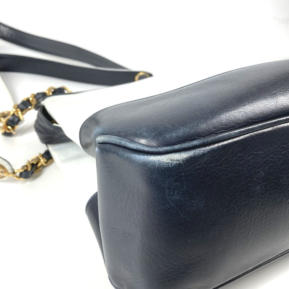 CHANEL ヴィンテージ バイカラー CC ココマーク ロゴ Wチェーン カバン 肩掛け トートバッグ チェーンバッグ ショルダーバッグ レザー ユニセックス ホワイト