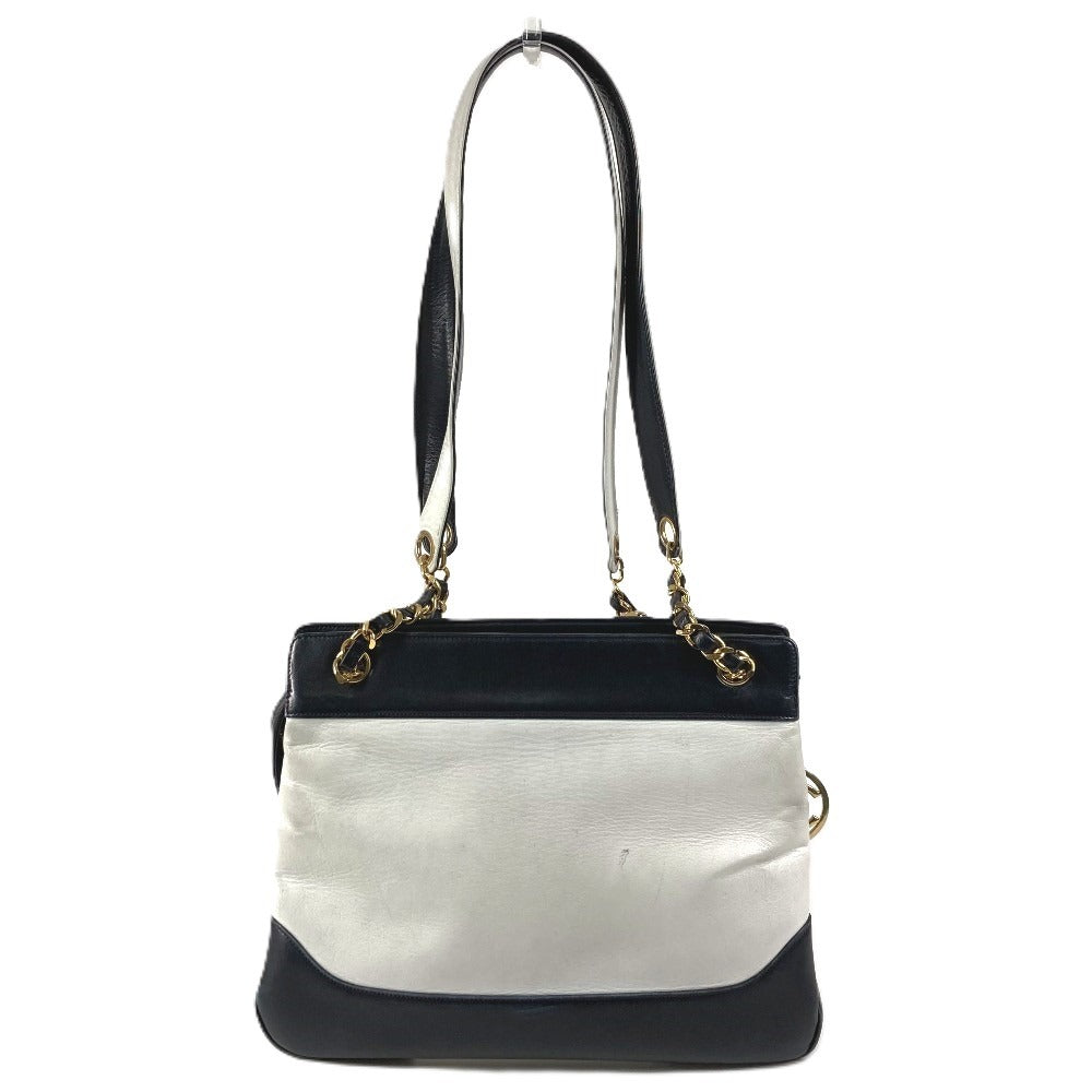 CHANEL ヴィンテージ バイカラー CC ココマーク ロゴ Wチェーン カバン 肩掛け トートバッグ チェーンバッグ ショルダーバッグ レザー ユニセックス ホワイト