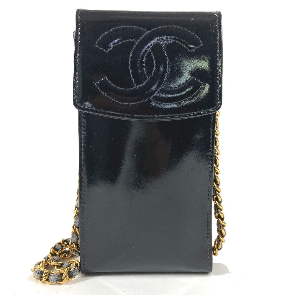 CHANEL ヴィンテージ CC ココマーク ロゴ 携帯ポーチ カバン チェーンバッグ 斜め掛け ポシェット ショルダーバッグ エナメル ユニセックス ブラック