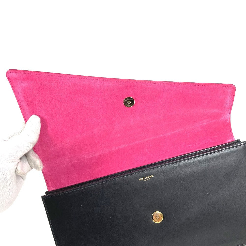 SAINT LAURENT PARIS 318026 Bicolor Bag Pouch Flap Clutch Bag Leather Unisex Black