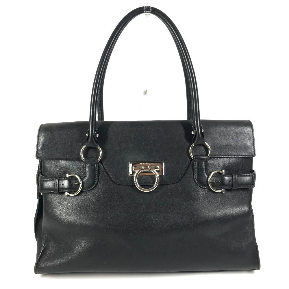 Salvatore Ferragamo ガンチーニ ロゴ 肩掛け カバン フラップ トートバッグ ビジネスバッグ ショルダーバッグ レザー ユニセックス ブラック