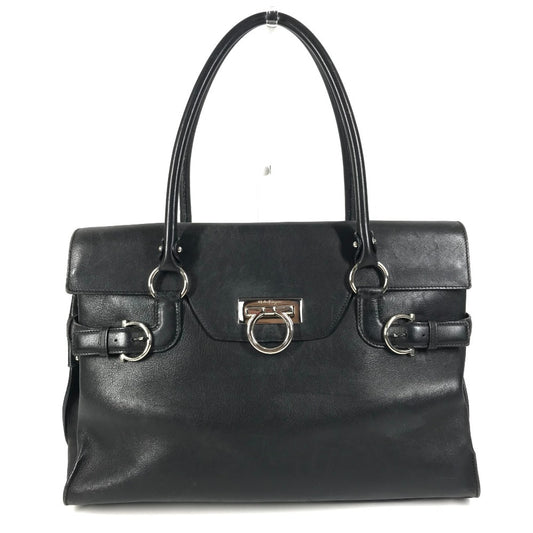 Salvatore Ferragamo ガンチーニ ロゴ 肩掛け カバン フラップ トートバッグ ビジネスバッグ ショルダーバッグ レザー ユニセックス ブラック
