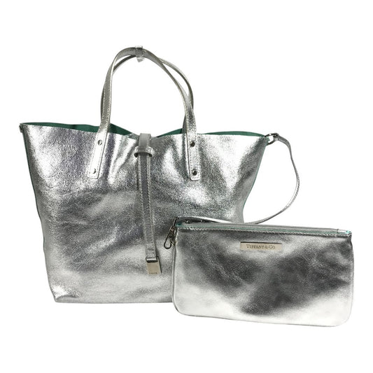 TIFFANY&Co. Pouch-Included Logo Reversible Bag Tote Bag Handbag Leather Unisex Silver