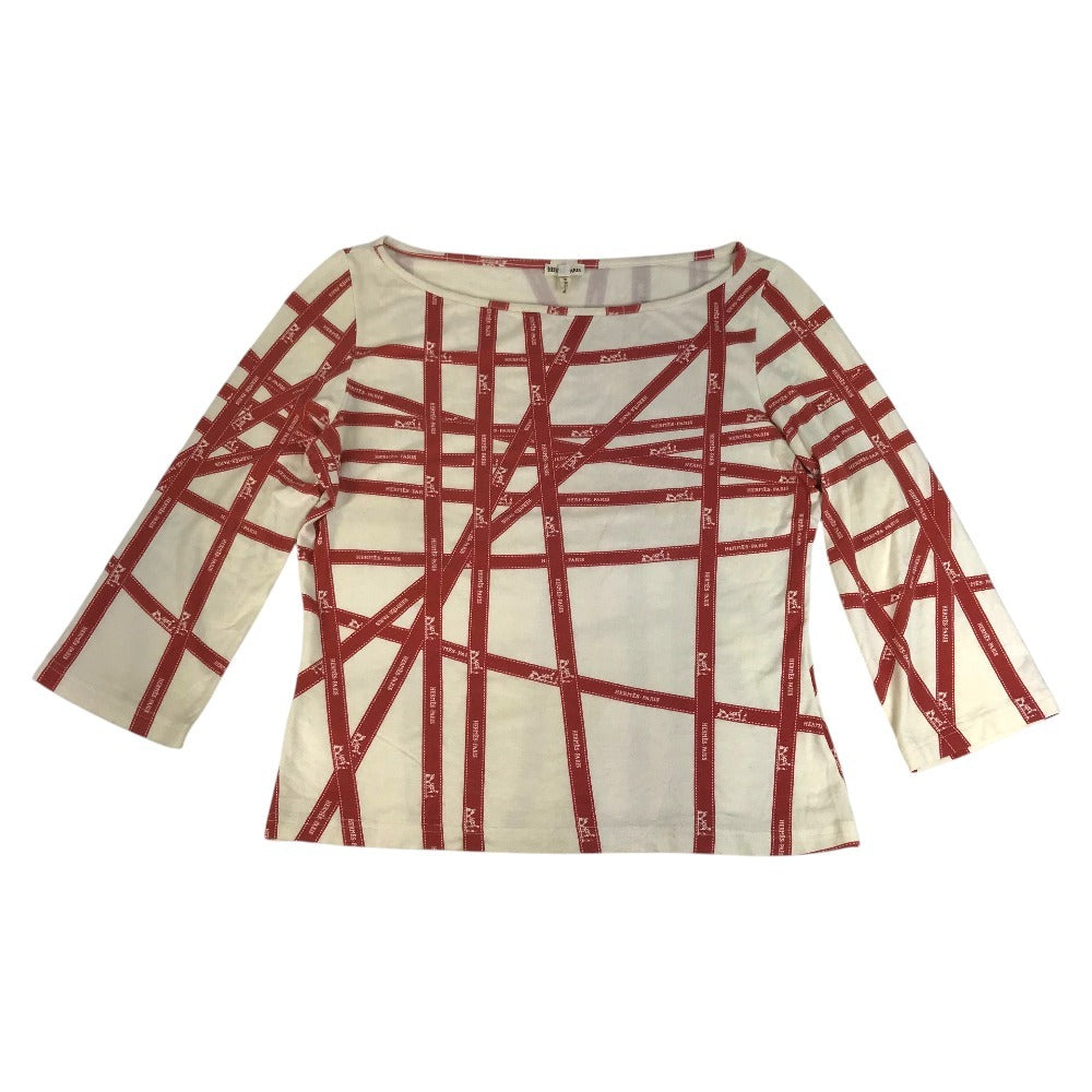 HERMES Allover Pattern Logo Bolduc Ribbon Apparel Top Three-Quarter Sleeve Other Top Rayon Women's Red
