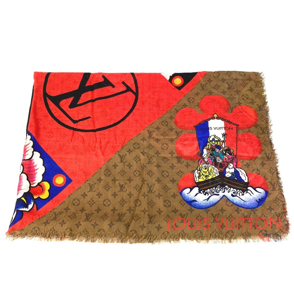 LOUIS VUITTON MP1941 Kansai Yamamoto Monogram Etole Kabuki Sticker Large Stole Shawl Silk Unisex Beige