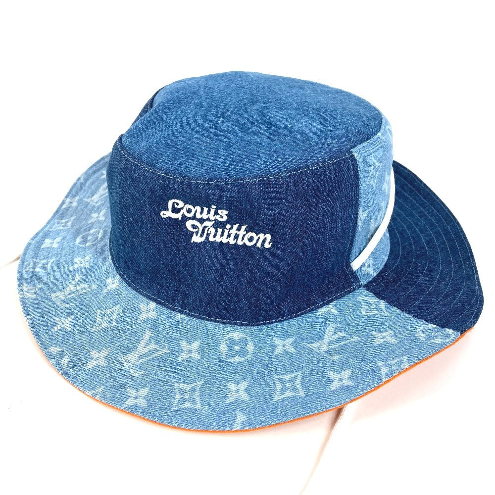 LOUIS VUITTON M7537L Denim Bucket Hat, Denim Patchwork Explorer Reversible Hat, Headwear, Bucket Hat, Bob Hat, with Strap, Cotton, Men's, Blue