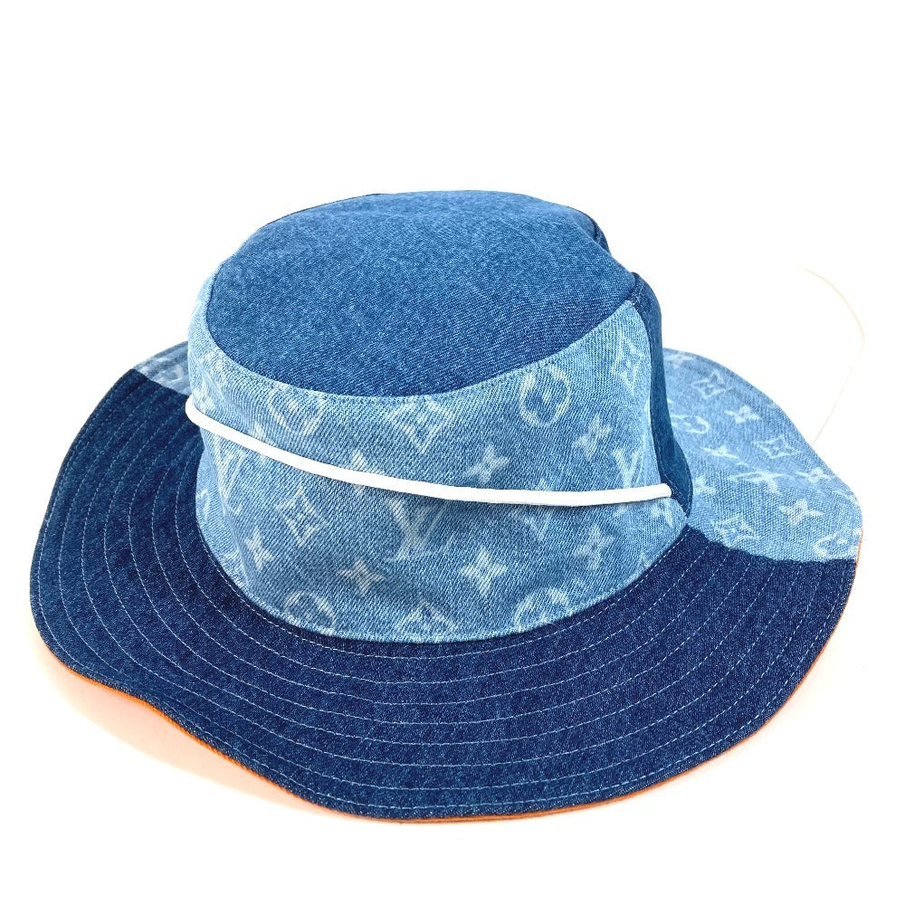 LOUIS VUITTON M7537L Denim Bucket Hat, Denim Patchwork Explorer Reversible Hat, Headwear, Bucket Hat, Bob Hat, with Strap, Cotton, Men's, Blue
