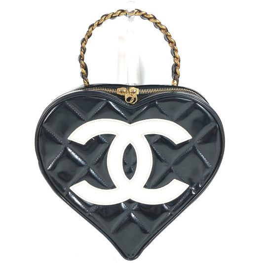 CHANEL ヴィンテージ ハート CC ココマーク マトラッセ キルティング　チェーン ロゴ バニティバッグ カバン ハンドバッグ エナメル ユニセックス ブラック