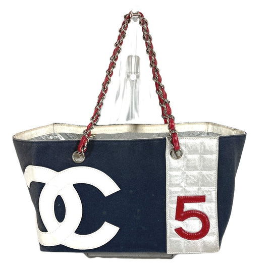 CHANEL NO5 ロゴ CC ココマーク カバン トートバッグ 肩掛け Wチェーン チェーンバッグ ショルダーバッグ レザー/キャンバス レディース ネイビー