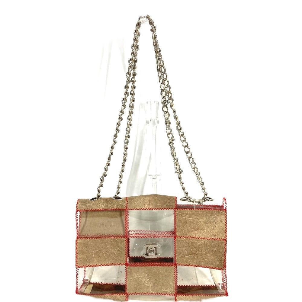 CHANEL ヴィンテージ ロゴ ステッチ CC ココマーク カバン フラップ Wチェーン 斜め掛け ショルダーバッグ ビニール ユニセックス ベージュ