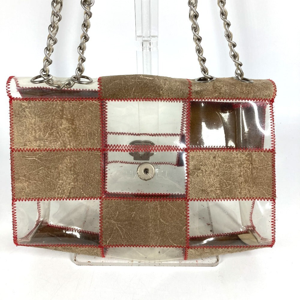 CHANEL ヴィンテージ ロゴ ステッチ CC ココマーク カバン フラップ Wチェーン 斜め掛け ショルダーバッグ ビニール ユニセックス ベージュ