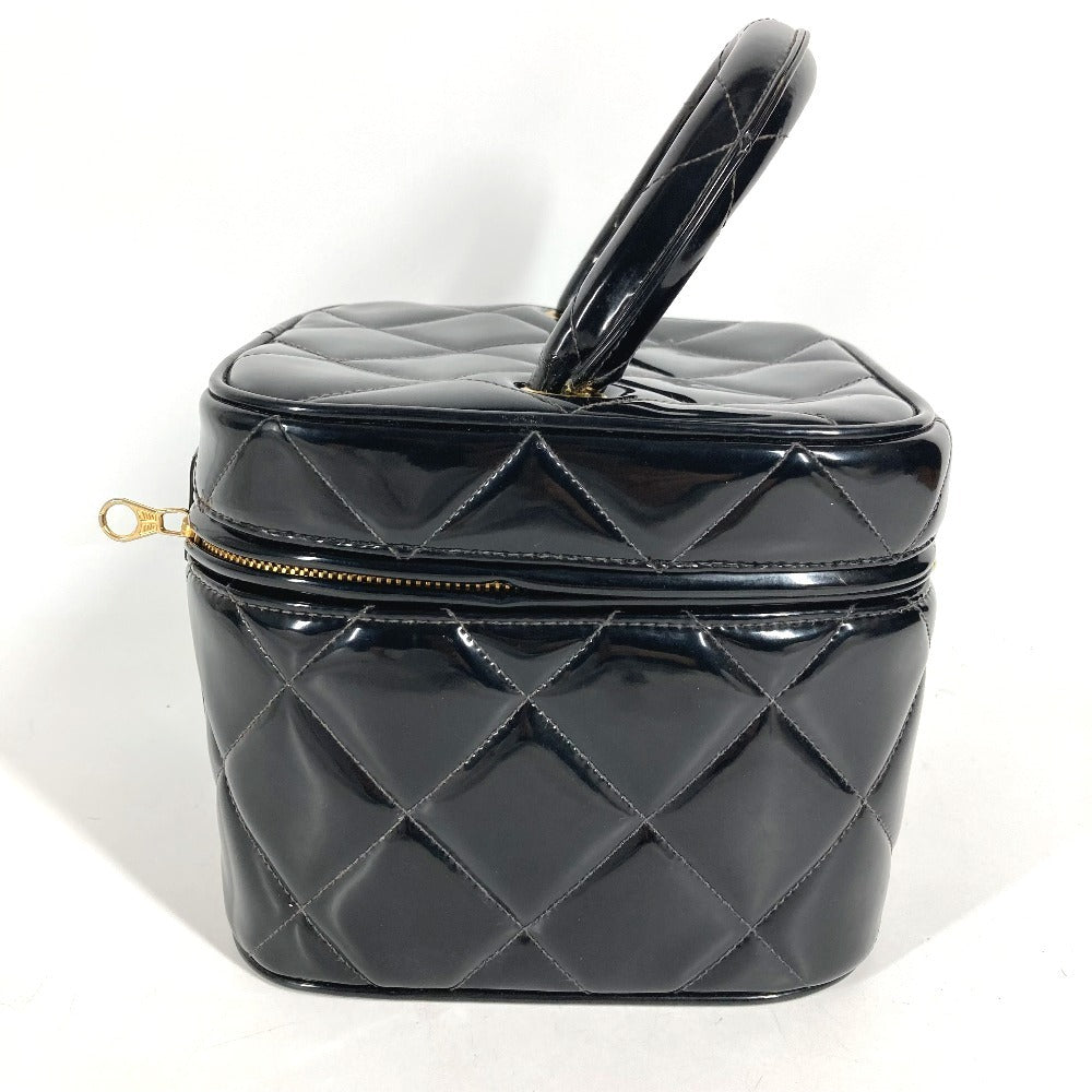 CHANEL ヴィンテージ CC ココマーク ロゴ キルティング マトラッセ ハート型ミラー カバン バニティバッグ ハンドバッグ パテントレザー レディース ブラック