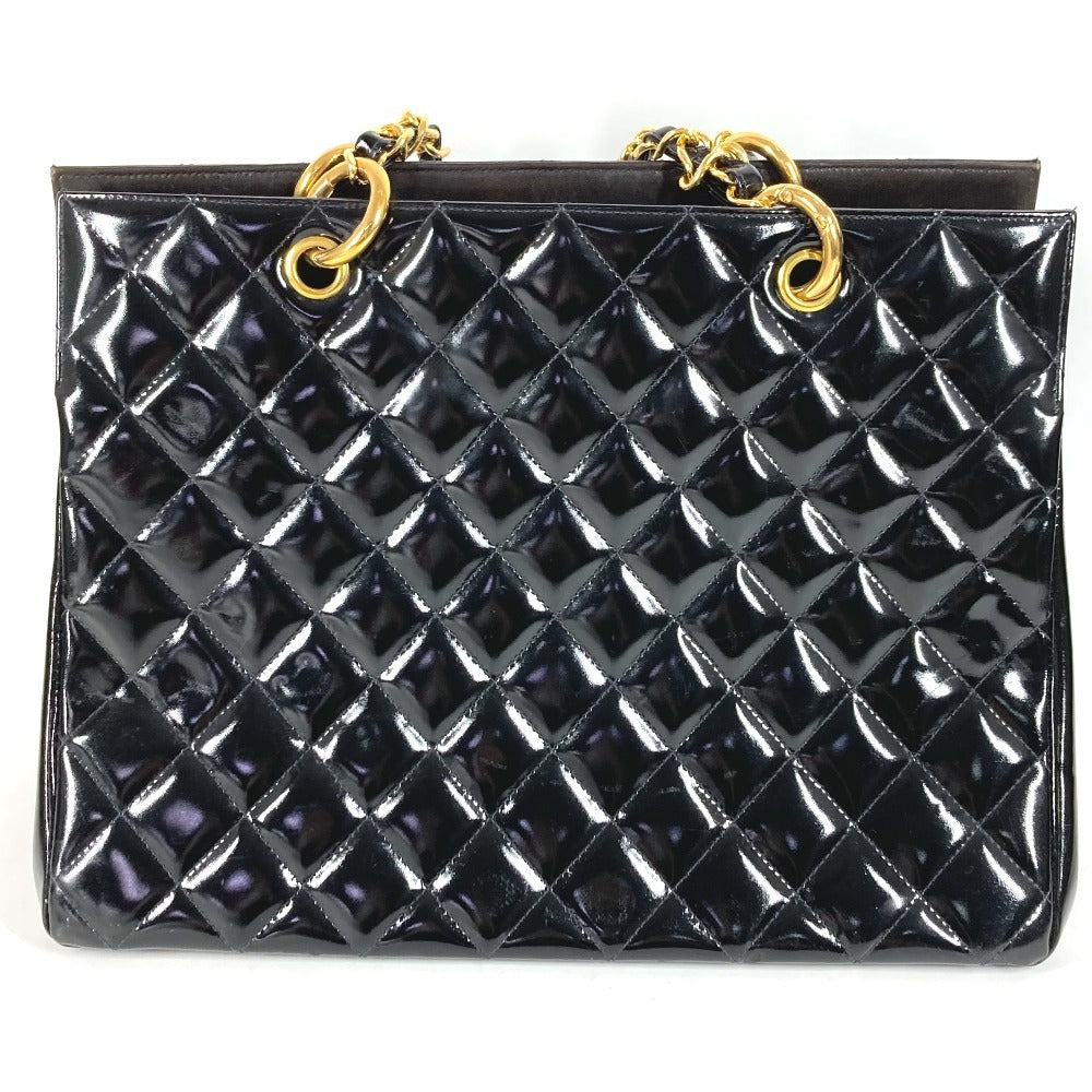CHANEL ヴィンテージ マトラッセ キルティング CC ココマーク ロゴ トートバッグ カバン Wチェーン ハンドバッグ パテントレザー ユニセックス ブラック
