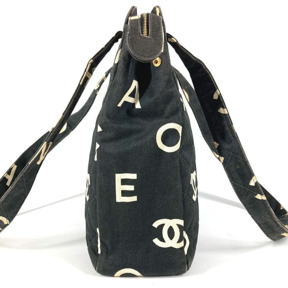 CHANEL ヴィンテージ CC ココマーク ロゴ 総柄 肩掛け トートバッグ カバン ショルダーバッグ コットン ユニセックス ブラック