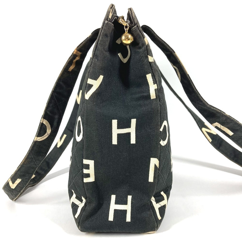 CHANEL ヴィンテージ CC ココマーク ロゴ 総柄 肩掛け トートバッグ カバン ショルダーバッグ コットン ユニセックス ブラック